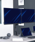 Zero Hassle Dual Monitor Mount For 17 To 32 Inch Screens With Slick Mechanical Spring Arms Full Tilt Swivel and Rotation Heavy Duty Vesa desk stand with two monitors.