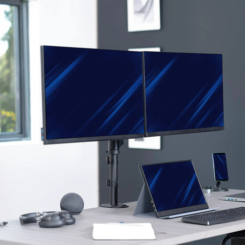 Zero Hassle Dual Monitor Mount For 17 To 32 Inch Screens With Slick Mechanical Spring Arms Full Tilt Swivel and Rotation Heavy Duty Vesa desk stand with two monitors.