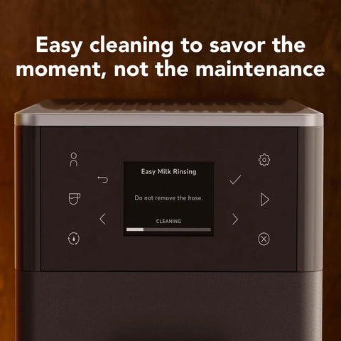 Compact Fully Automatic Espresso And Iced Coffee Maker With One Touch Brewing digital interface showing easy milk rinsing mode.