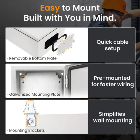 Rock Solid Lockable Metal Electrical Junction Box With IP65 Weatherproof Cover For Indoor Outdoor Projects showing removable bottom plate.