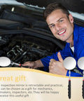Mechanic using Telescoping Inspection Mirror With 360 Degree Rotation And Retractable Handle 3.16 Inch Diameter Circular Inspection Mirror For Tight Spots On Your Ride Extendable From 6.26 To 30 Inches Great For Car Maintenance