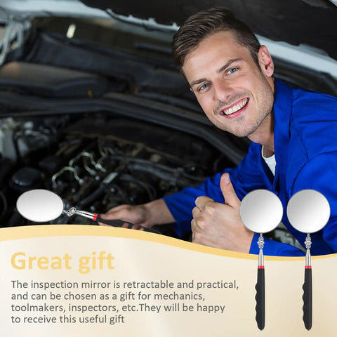 Mechanic using Telescoping Inspection Mirror With 360 Degree Rotation And Retractable Handle 3.16 Inch Diameter Circular Inspection Mirror For Tight Spots On Your Ride Extendable From 6.26 To 30 Inches Great For Car Maintenance