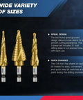 NEIKO 10181A three-piece gold step drill bit set with spiral grooves; for metal, wood, plastic; 31 sizes.