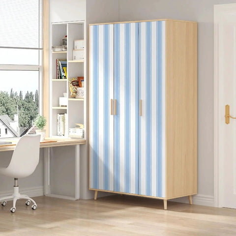 Easy Peasy Peel And Stick Self Adhesive Wallpaper With Chill Blue And White Hand Drawn Stripes on wardrobe in cozy room