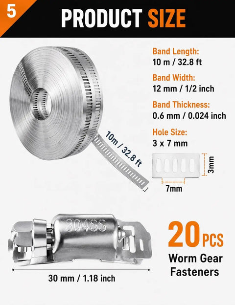 Buy Custom Cut Stainless Steel Hose Clamp By The Foot Roll For Pipe And Radiator Hosing With Heavy Duty Worm Gear Screw Lock For Any DIY Fix Or Pro Job On Ducts And Tubes. 304 stainless steel roll, 10 m x 12 mm, with worm gear fasteners