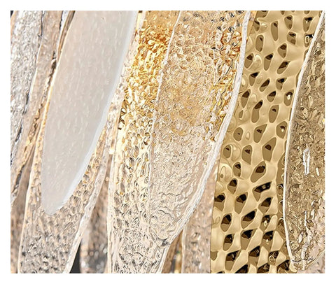 Close-up of glass and metal textures in Modern Round Metal And Glass Pendant Light With Six Leds for dining room and foyer.