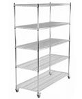 Heavy Duty Five Tier Wire Shelving Unit With Fully Adjustable Height And Precision Rolling Wheels For Rock Solid Garage And Warehouse Storage Workhorse, chrome wire construction.