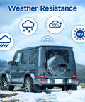 Beefy 62 Inch Mobile Ham Radio Antenna shown on a SUV, highlighting weather resistance features with icons.
