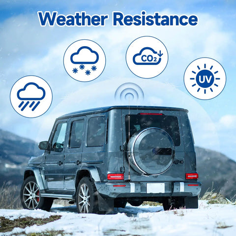 Beefy 62 Inch Mobile Ham Radio Antenna shown on a SUV, highlighting weather resistance features with icons.