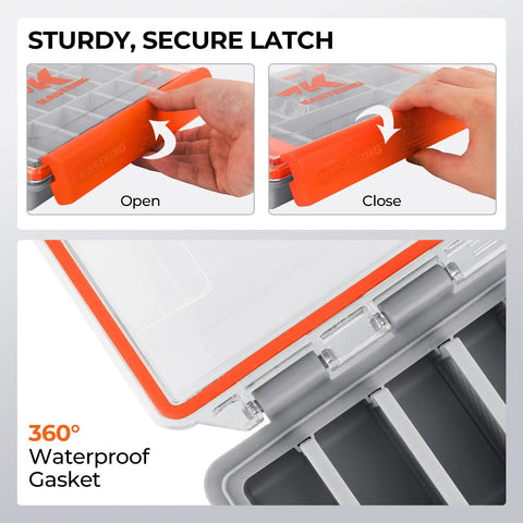 HyperSeal Waterproof Tackle Box With Removable Dividers For 3600 And 3700 Trays featuring secure latch detail