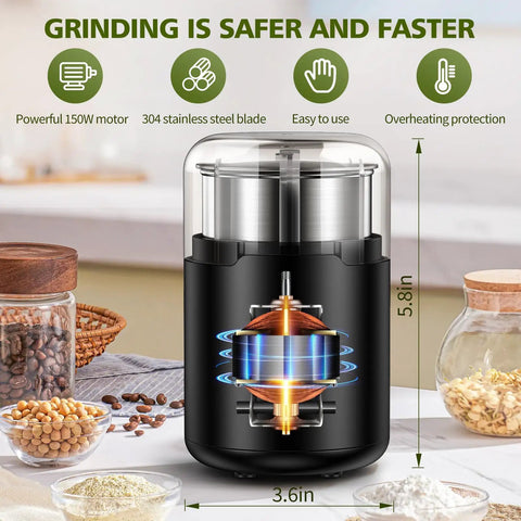 Electric Herb Grinder With Press Down Lid Fast Even Grinding Powerful Motor For Spices And Herbs Compact Kitchen Appliance with 150W motor and stainless steel blades.