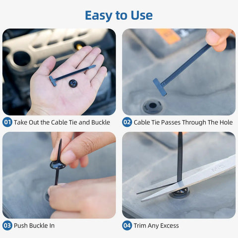 Step-by-step installation of 100 Pcs Nylon Universal Car Cable Tie Buckle Set for quick DIY car repairs on bumpers and panels.