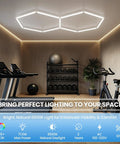 Hexagon LED Garage Light 72W 6500K Daylight White with 11 LED panels honeycomb design installed in home gym ceiling