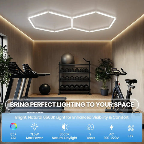 Hexagon LED Garage Light 72W 6500K Daylight White with 11 LED panels honeycomb design installed in home gym ceiling