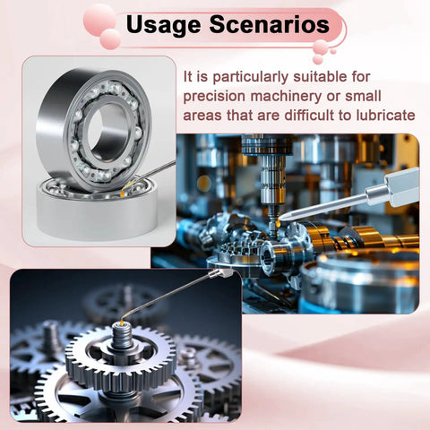 Close-up of 7Pcs Grease Gun Needle Tips Kit with needle in precision machinery, showing lubrication of metal bearings and gears.