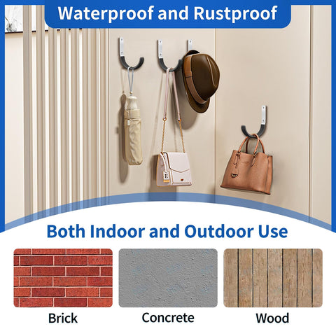 Beefy Steel Garage Hooks Set For Wall Mounts holding bags and hats on beige wall, anti-slip PVC coated, 50+ lbs capacity each.