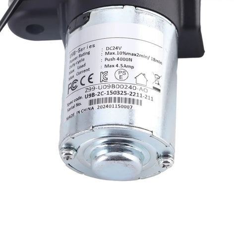 Heavy Duty Electric Linear Actuator With a Beefy 24V DC Motor and Smooth 150mm Stroke showing motor specifications and sturdy casing.
