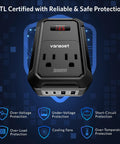 Roadtrip Ready Car Power Inverter Converts Dc 12V To Ac 110V With 200 Watt Output, displaying safety features and slick design.