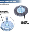 Close-up of 18Piece Wire Wheel Cup Brush Set For Drills With One Quarter Inch Hex Shank showing steel wire and high carbon steel details.