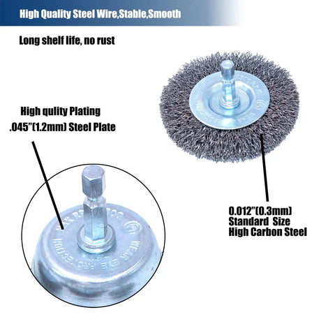 Close-up of 18Piece Wire Wheel Cup Brush Set For Drills With One Quarter Inch Hex Shank showing steel wire and high carbon steel details.