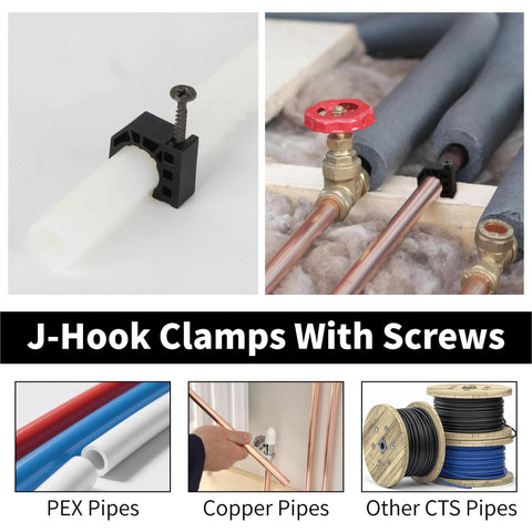 50-pack black 1/2-inch J-hook pipe clamps with screws for PEX, CPVC and copper tubing; installed on copper pipes.