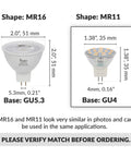Comparison of LED MR16 and MR11 Flood Light Bulbs showing dimensions and base type GU5.3 vs GU4