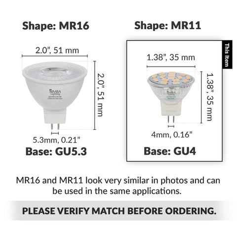 Comparison of LED MR16 and MR11 Flood Light Bulbs showing dimensions and base type GU5.3 vs GU4