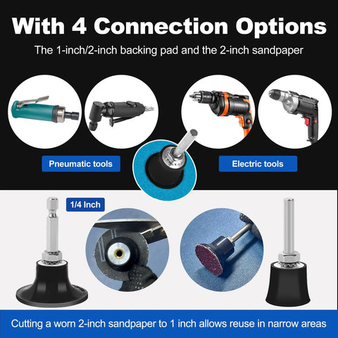 136 Pcs 2 Inch Die Grinder Sanding Discs Kit with Quick Change for Right Angle Grinders, showing connection options with pneumatic and electric tools