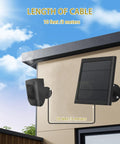 Durable Solar Panel For Security Cameras Keeps Spotlight Cam Plus Pro Battery And Stick Up Cam Pro Wireless Outdoor Juiced By Sun With 10ft Cable Dustproof Waterproof Easy Install Weather Resistant Black Finish mounted on wall.
