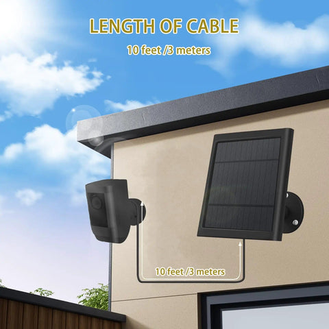 Durable Solar Panel For Security Cameras Keeps Spotlight Cam Plus Pro Battery And Stick Up Cam Pro Wireless Outdoor Juiced By Sun With 10ft Cable Dustproof Waterproof Easy Install Weather Resistant Black Finish mounted on wall.
