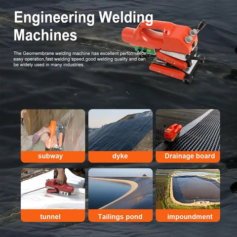 Tough As Nails Pro Grade Hot Wedge Plastic Welder For Pond Liners And HDPE Geomembrane Sealing With 1100W Crawling Rig and Dual Rubber Wheels for PVC PE EVA Sheets used in tunnel welding.