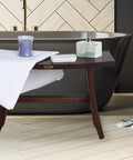 Teak Shower Bench 28 Inch Waterproof Wooden Seat For Inside Shower Spa Quality Chair with towel and toiletries near tub