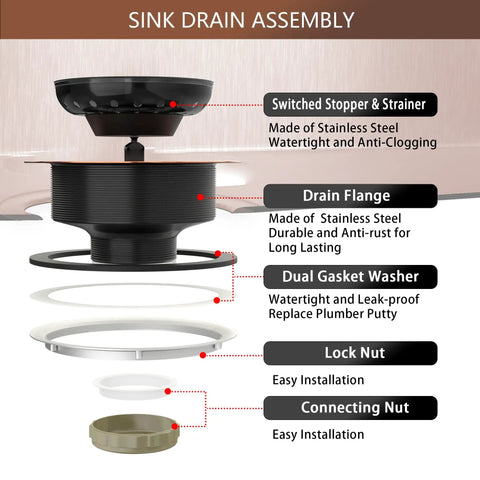 Illustration of Dope Brass Kitchen Sink Drain Strainer Kit Three And A Half Inch Universal Fit With Removable Basket And Stopper components