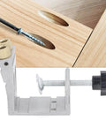 Adjustable Pocket Hole Jig Set With Inclined Punch Locator And Aluminum Alloy Drilling Guide Kit shown in use for furniture assembly