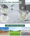 Close-up of four nylon casters on the Heavy Duty Workhorse Rolling Planer Stand for smooth movement and stability.