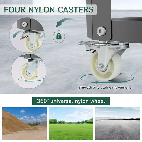 Close-up of four nylon casters on the Heavy Duty Workhorse Rolling Planer Stand for smooth movement and stability.