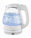1.5 Liter Glass Electric Kettle With Blue Led Glow Rapid Boil Auto Shutoff showing bubbling water, transparent borosilicate glass.