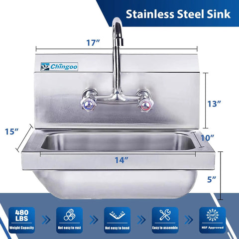 Durable 304 Stainless Steel Hand Sink With Wall Mount Faucet, 14x10 inch bowl, commercial use, 17x15 inches, restaurant kitchen.