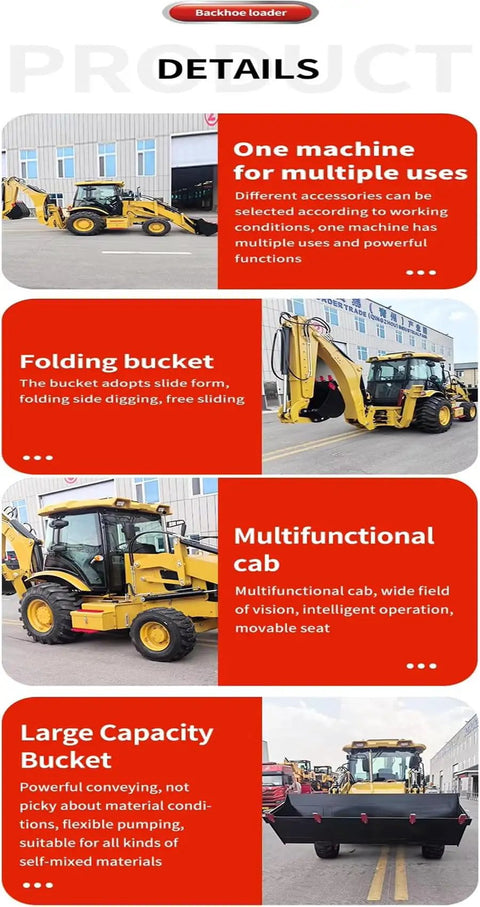 Details of a compact backhoe loader with front loader and rear excavator arm, showcasing multifunctional cab and large capacity bucket.