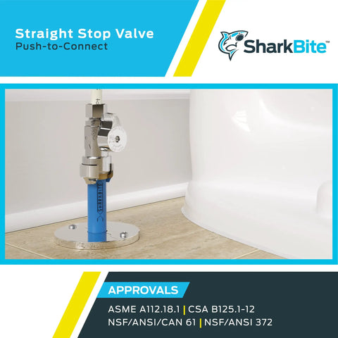 Brass Push Straight Stop Valve One Half Inch By Three Eighths Inch Compression Quarter Turn Push To Connect Plumbing Fitting For PEX Copper CPVC PERT HDPE And Other Fixtures