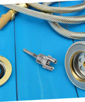 BESPORTBLE 2-Piece PVC Pipe Threading Tool Kit shown with plumbing hoses and fittings on a blue surface