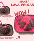 Steps to use 24 Pack Erupting Volcano Science Kit With Valentines Cards For Kids, showing mixing eruption powder and water.