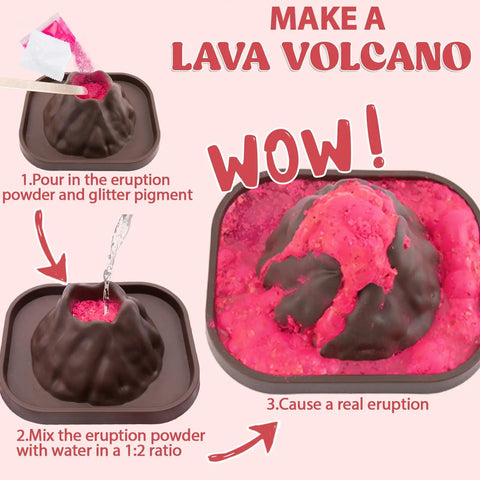Steps to use 24 Pack Erupting Volcano Science Kit With Valentines Cards For Kids, showing mixing eruption powder and water.