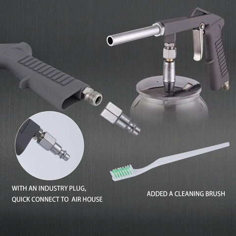 Close-up of Heavy Duty Pneumatic Undercoating Spray Gun With Suction Feed Cup, quick connect air plug and cleaning brush included.