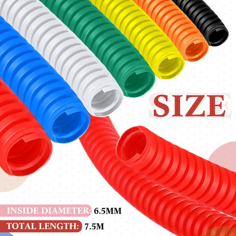 Quarter Inch Split Wire Loom Tubing Provides Straight Up Tough Cable Conduit Protection That Shuts Down Pet Chewing Threats While Keeping Your Electric Wire Cord Arrangement Crisp And Zero Hassle In Bold Red, showing various colors and sizes with 6.5mm diameter.