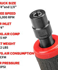 Close-up of Heavy Duty One Quarter Inch Air Angle Die Grinder Killer Pneumatic Rotary Polisher showing chuck size and specs.