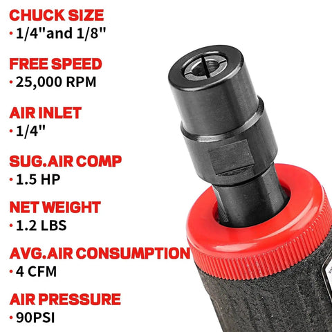 Close-up of Heavy Duty One Quarter Inch Air Angle Die Grinder Killer Pneumatic Rotary Polisher showing chuck size and specs.