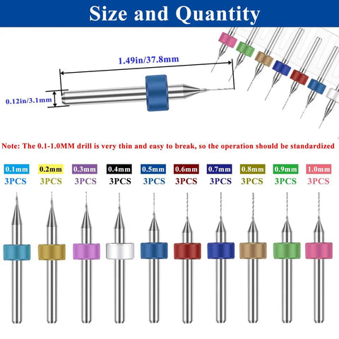 10 tungsten carbide spiral flute bits in various colors and sizes, part of the 30 Pcs Micro Drill Bit Set For Rotary Tools With Tungsten Carbide Spiral Flute Bits 0.1mm To 1.0mm Ideal For PCB Drilling Jewelry Making CNC Engraving Glass Stone Plastic Metalworking DIY Hobbyist, arranged horizontally with size labels.