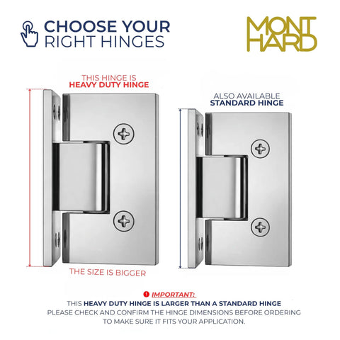 Image comparing Heavy Duty Glass Shower Door Hinge With Full Back Plate Polished Chrome Finish and standard hinge for selection.