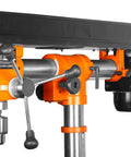 Side view of Six Point Two Amp Thirty Three Inch Radial Arm Drill Press for benchtop use with cast iron construction and five speeds.